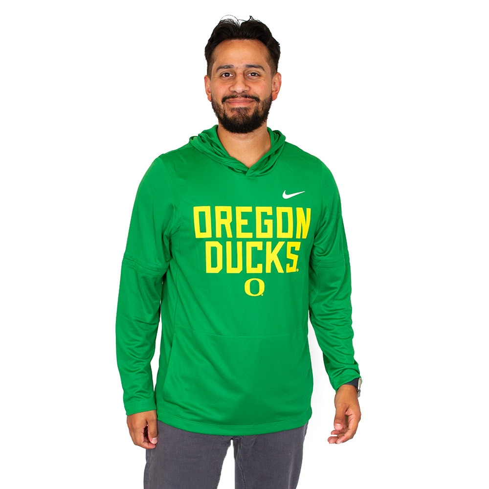 Classic Oregon O, Nike, Green, Long Sleeve, Performance/Dri-FIT, Men, Football, Sideline, Hooded, T-Shirt, 926067